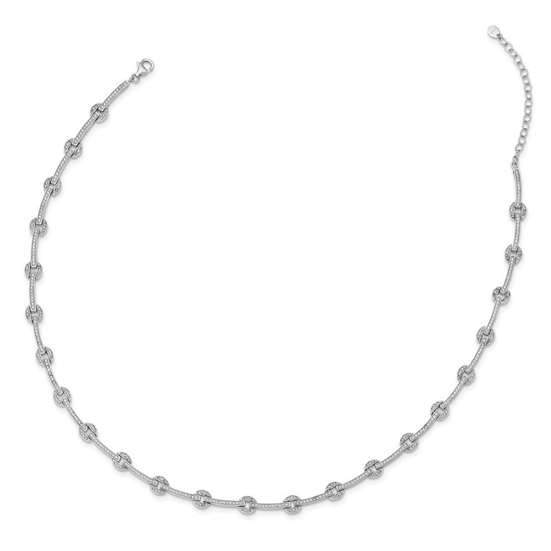 Sterling Silver Rhodium-Plated Cz Circle/Bar Link W/2In Ext Necklace