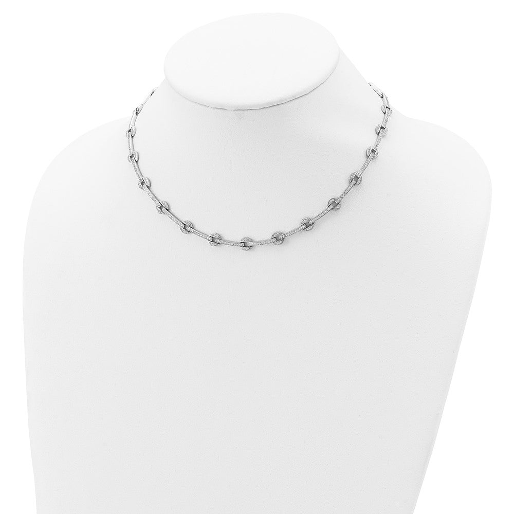 Sterling Silver Rhodium-Plated Cz Circle/Bar Link W/2In Ext Necklace