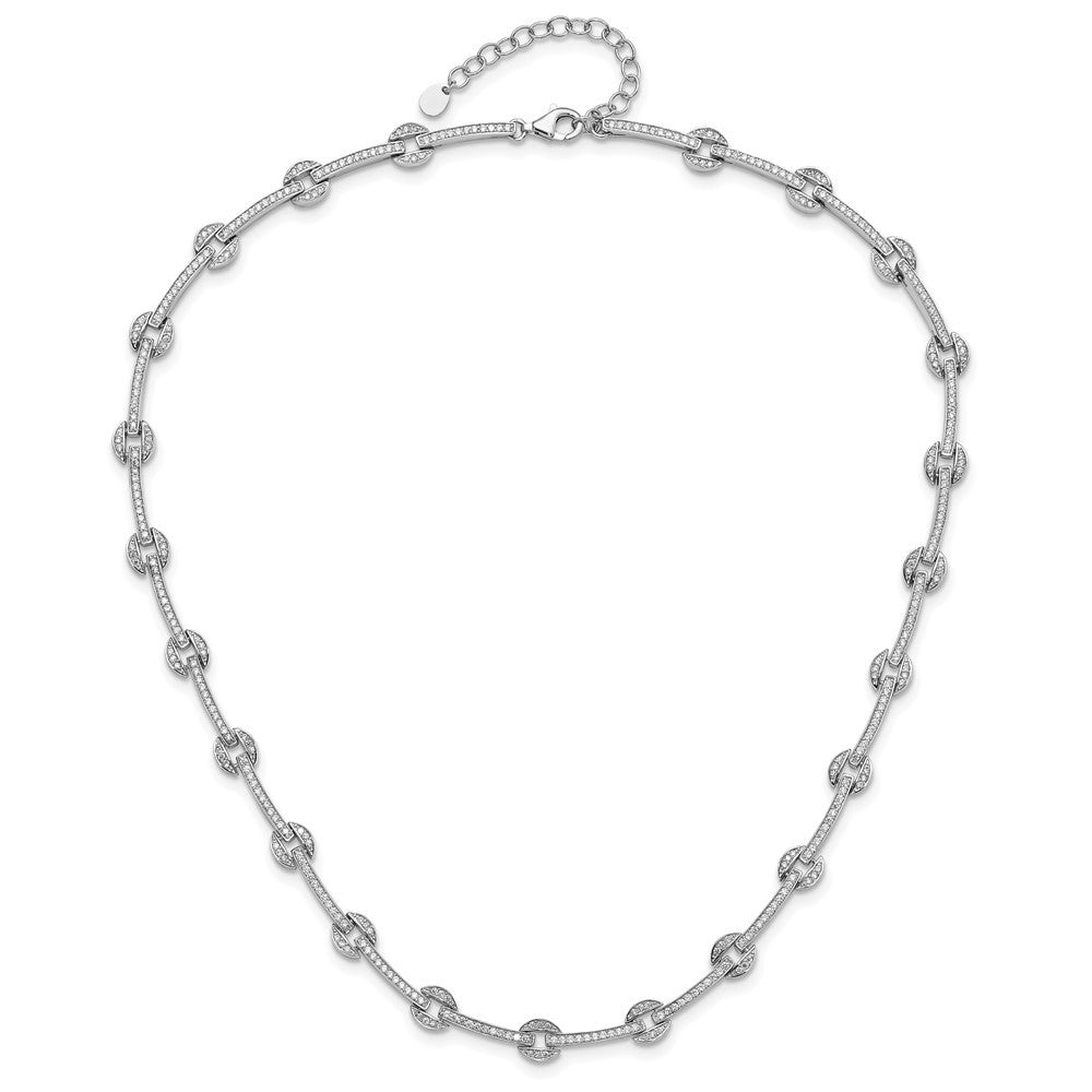 Sterling Silver Rhodium-Plated Cz Circle/Bar Link W/2In Ext Necklace