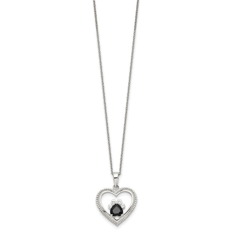 Sterling Silver Black And White Cz Heart With Paw Print 18 Inch Necklace