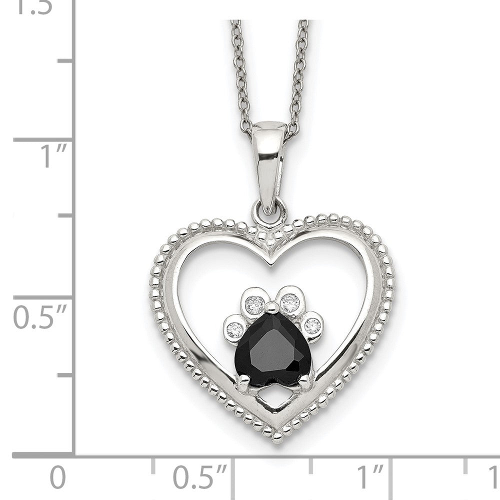 Sterling Silver Black And White Cz Heart With Paw Print 18 Inch Necklace