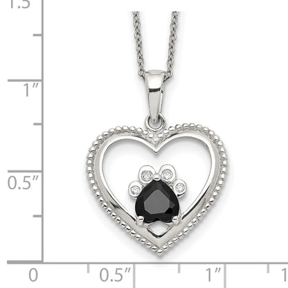 Sterling Silver Black And White Cz Heart With Paw Print 18 Inch Necklace