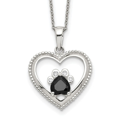 Sterling Silver Black And White Cz Heart With Paw Print 18 Inch Necklace