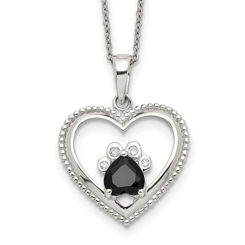 Sterling Silver Black And White Cz Heart With Paw Print 18 Inch Necklace