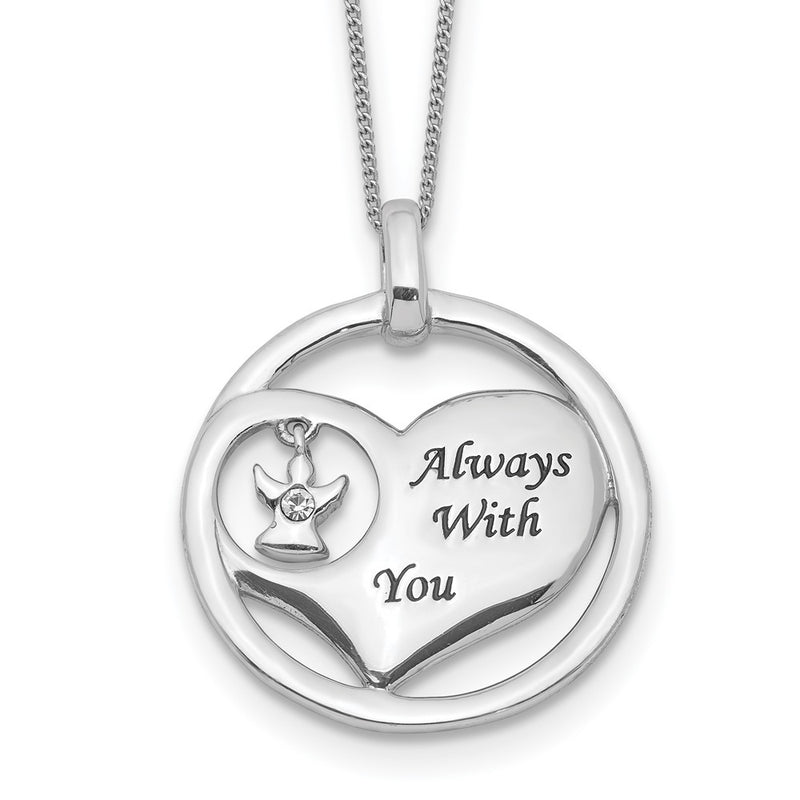 Sterling Silver Rhod-Pltd Crystal Angel Enamel Heart Necklace