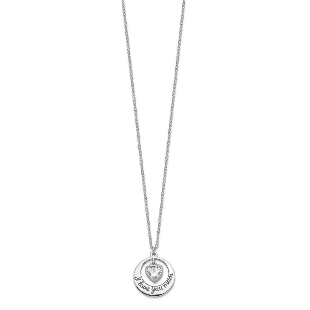 Sterling Silver Rhodium-Plated I Love You Mom With Cz Heart Dangle 15 Inch Necklace 2 Extension