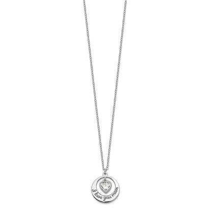 Sterling Silver Rhodium-Plated I Love You Mom With Cz Heart Dangle 15 Inch Necklace 2 Extension