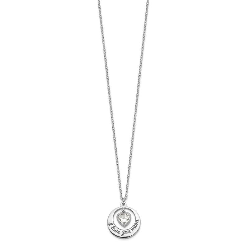 Sterling Silver Rhodium-Plated I Love You Mom With Cz Heart Dangle 15 Inch Necklace 2 Extension