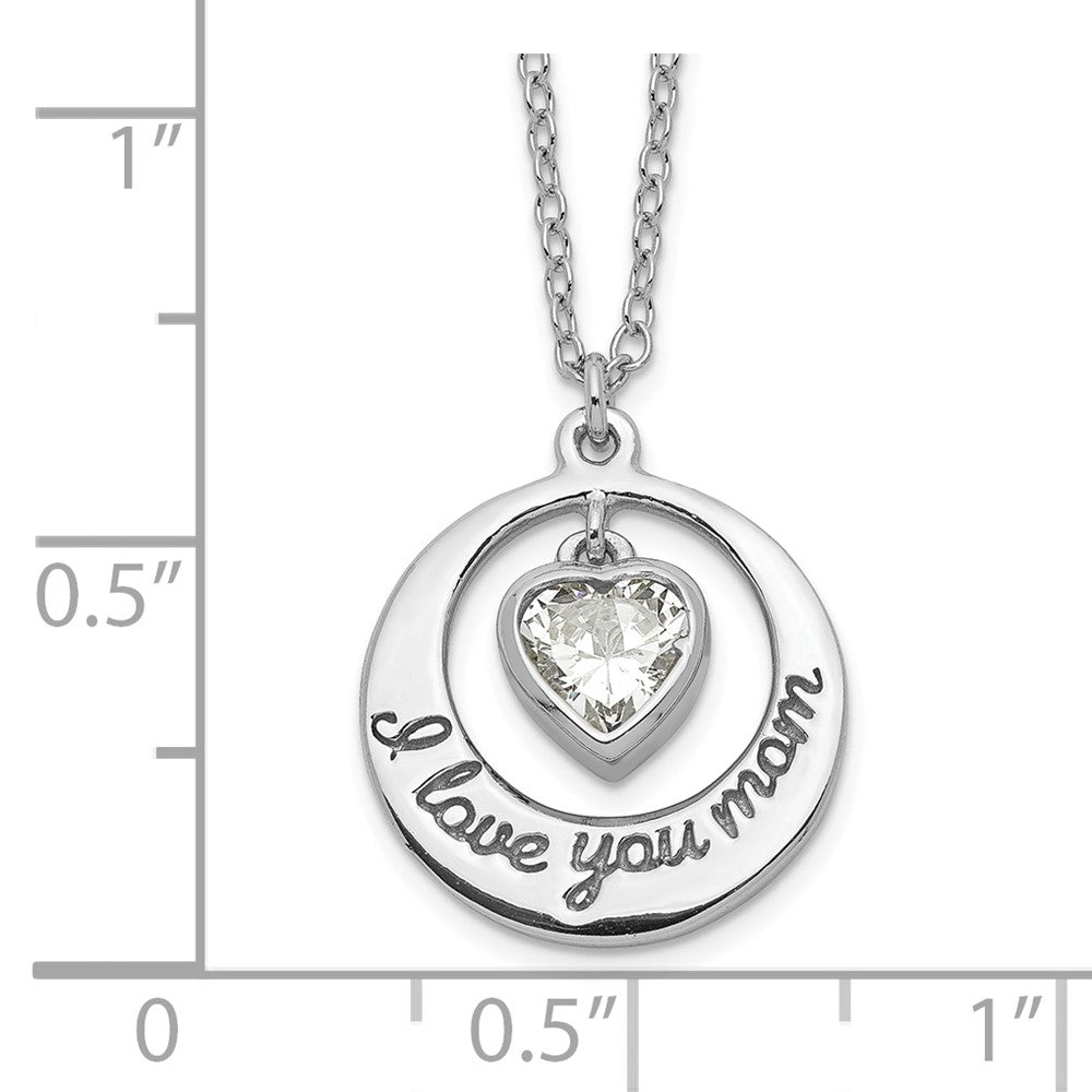 Sterling Silver Rhodium-Plated I Love You Mom With Cz Heart Dangle 15 Inch Necklace 2 Extension