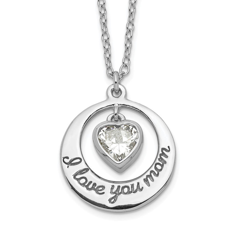 Sterling Silver Rhodium-Plated I Love You Mom With Cz Heart Dangle 15 Inch Necklace 2 Extension