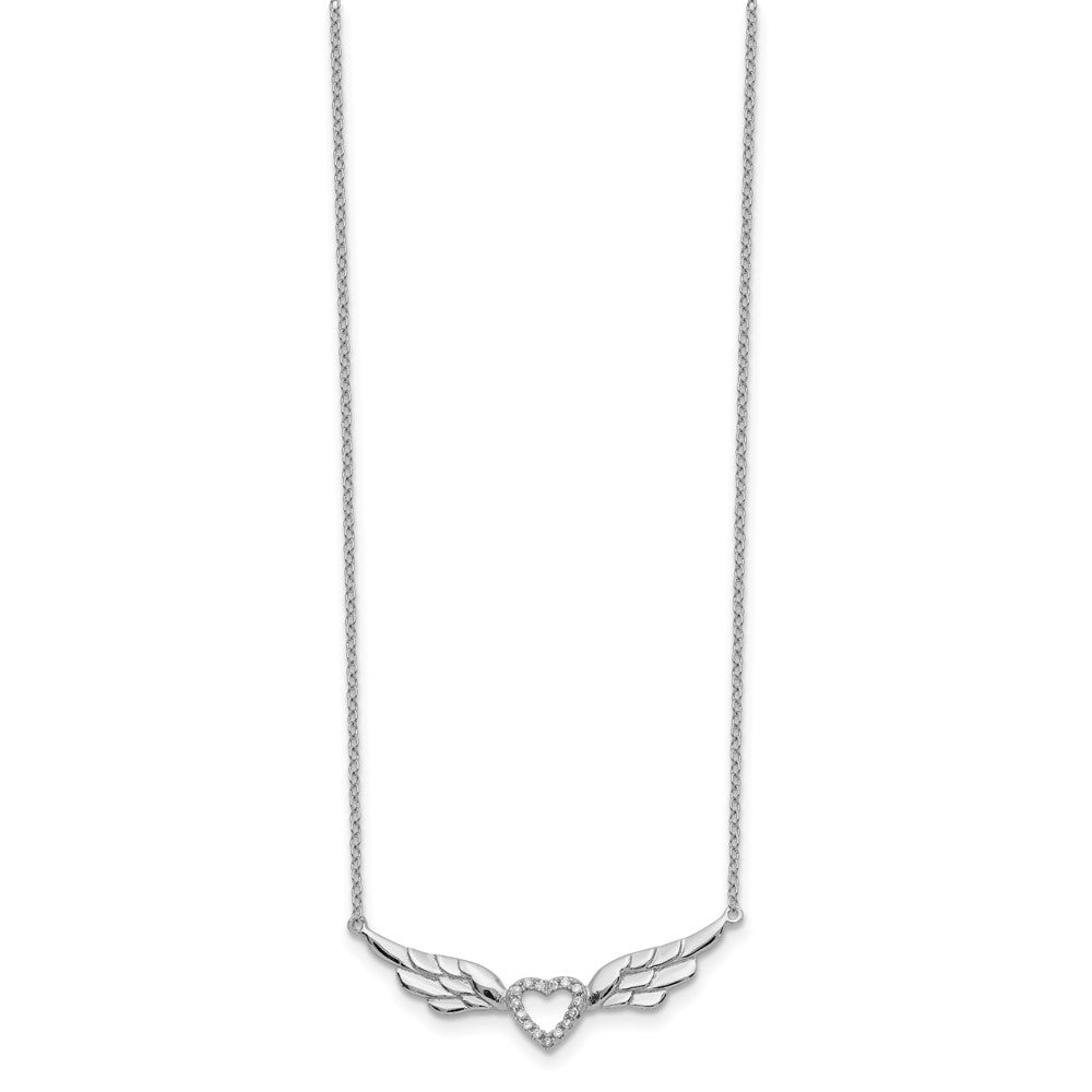 Sterling Silver Rhodium-Plated Cz Heart With Wings 16 Inch Necklace 1 Extension