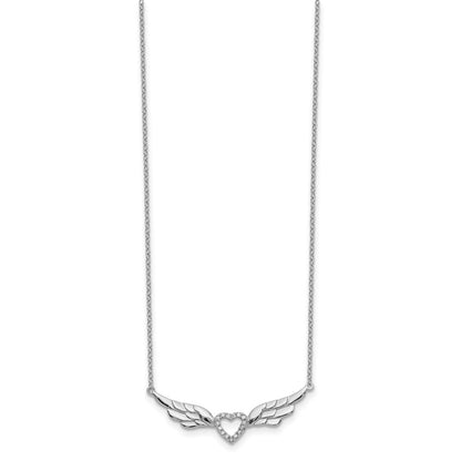 Sterling Silver Rhodium-Plated Cz Heart With Wings 16 Inch Necklace 1 Extension