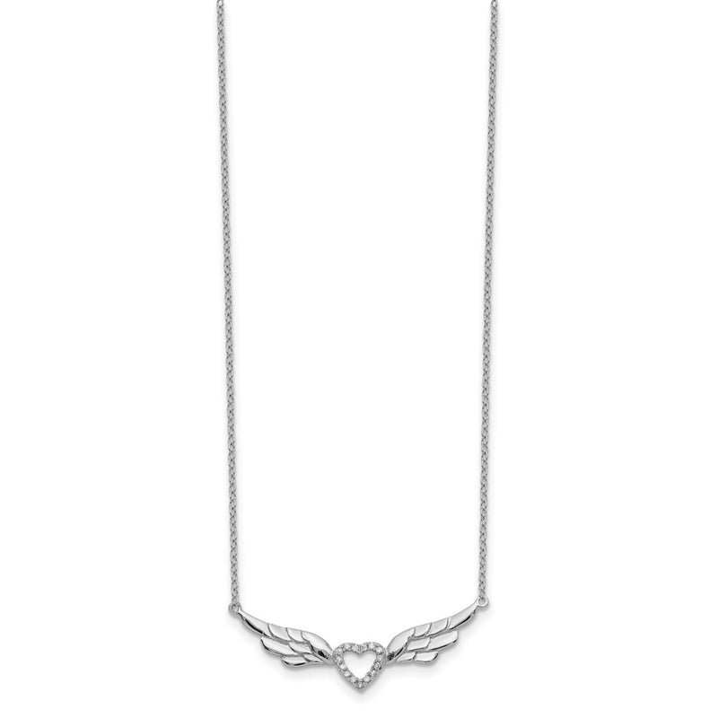 Sterling Silver Rhodium-Plated Cz Heart With Wings 16 Inch Necklace 1 Extension