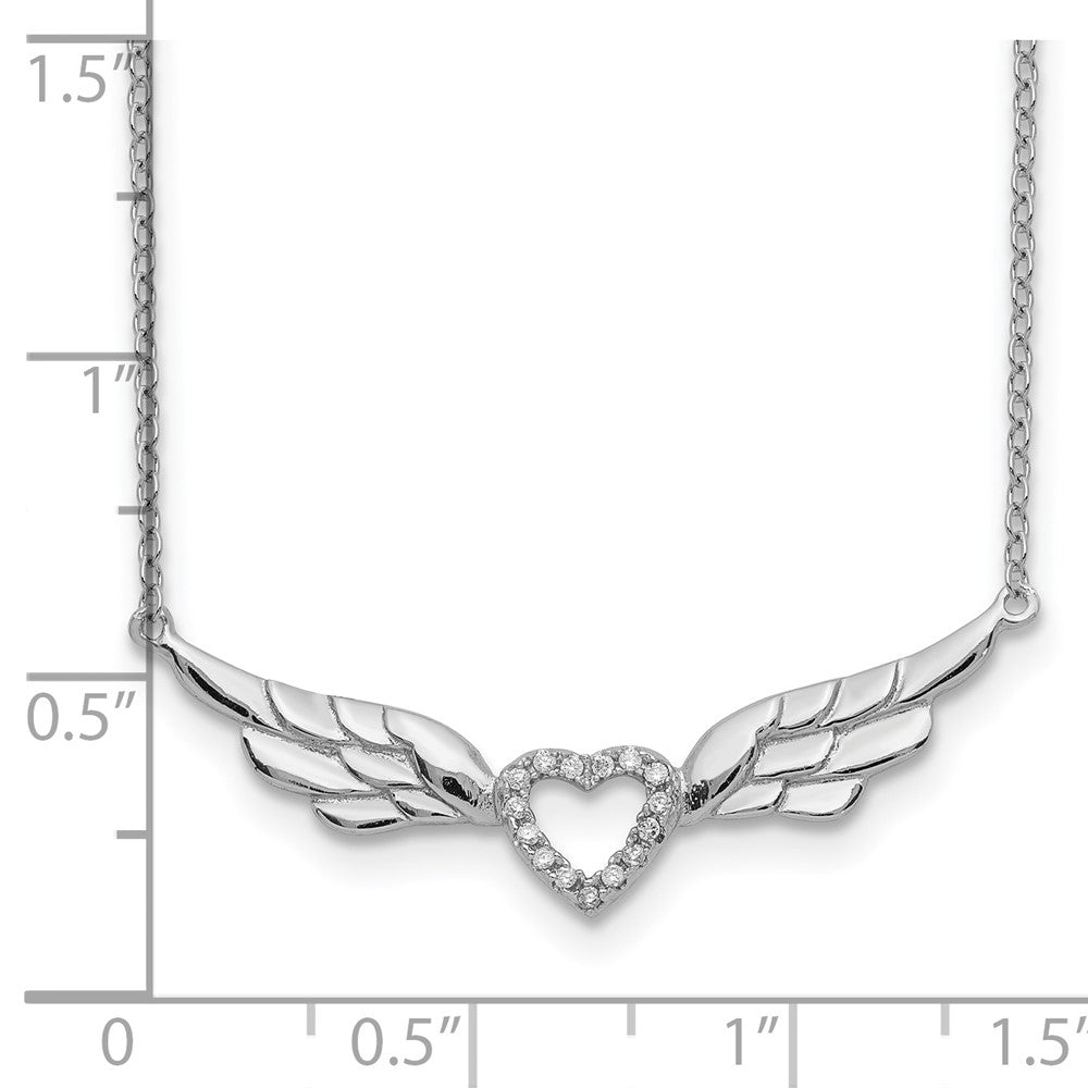 Sterling Silver Rhodium-Plated Cz Heart With Wings 16 Inch Necklace 1 Extension