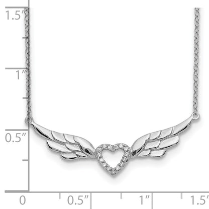 Sterling Silver Rhodium-Plated Cz Heart With Wings 16 Inch Necklace 1 Extension