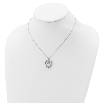 Sterling Silver Rhod-Plated Claddagh Heart Cz W/ 1 In Ext.Necklace