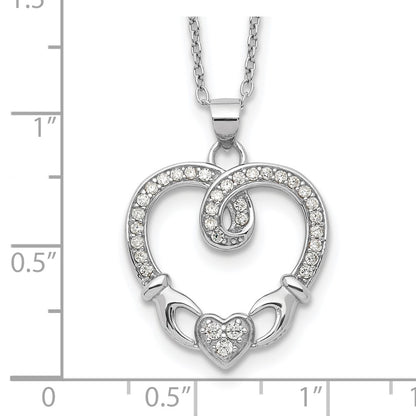 Sterling Silver Rhod-Plated Claddagh Heart Cz W/ 1 In Ext.Necklace