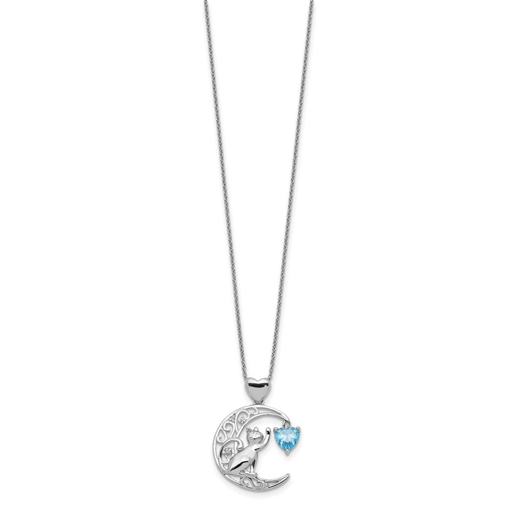 Sterling Silver Blue And Clear Cz Cat Moon Necklace