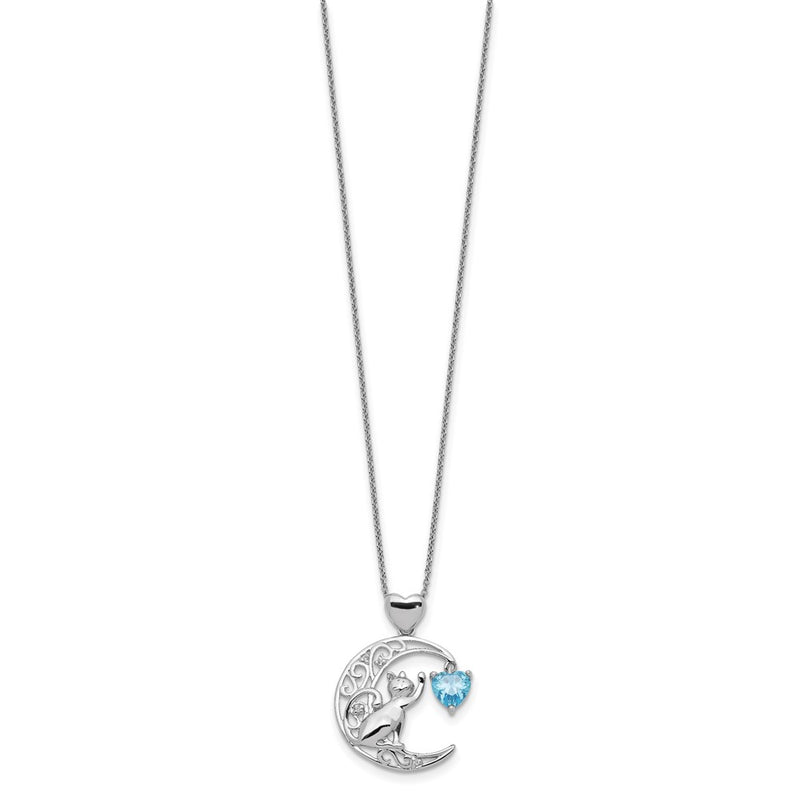 Sterling Silver Blue And Clear Cz Cat Moon Necklace