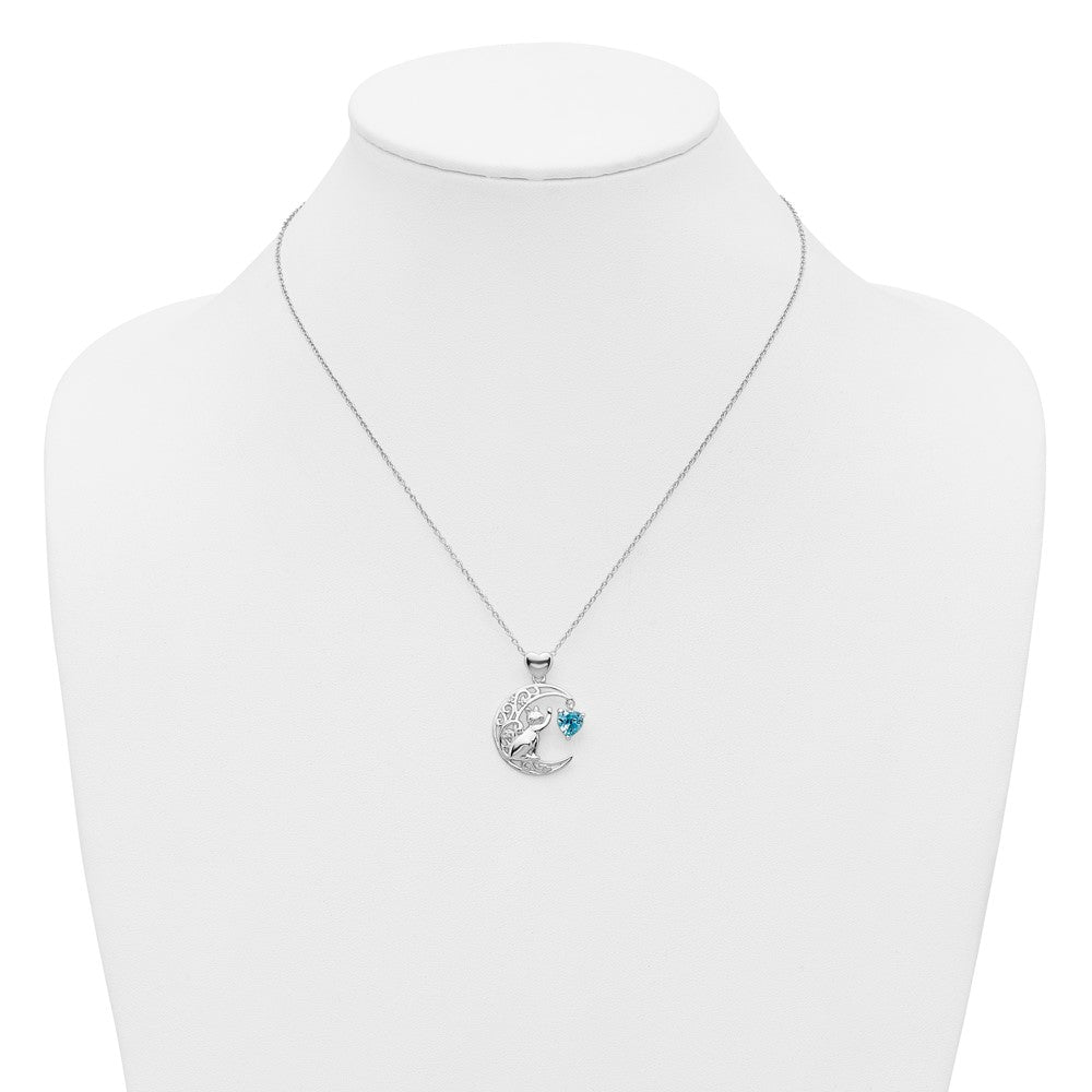 Sterling Silver Blue And Clear Cz Cat Moon Necklace