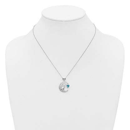 Sterling Silver Blue And Clear Cz Cat Moon Necklace