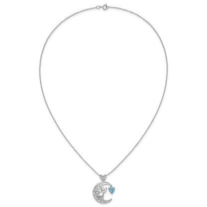 Sterling Silver Blue And Clear Cz Cat Moon Necklace