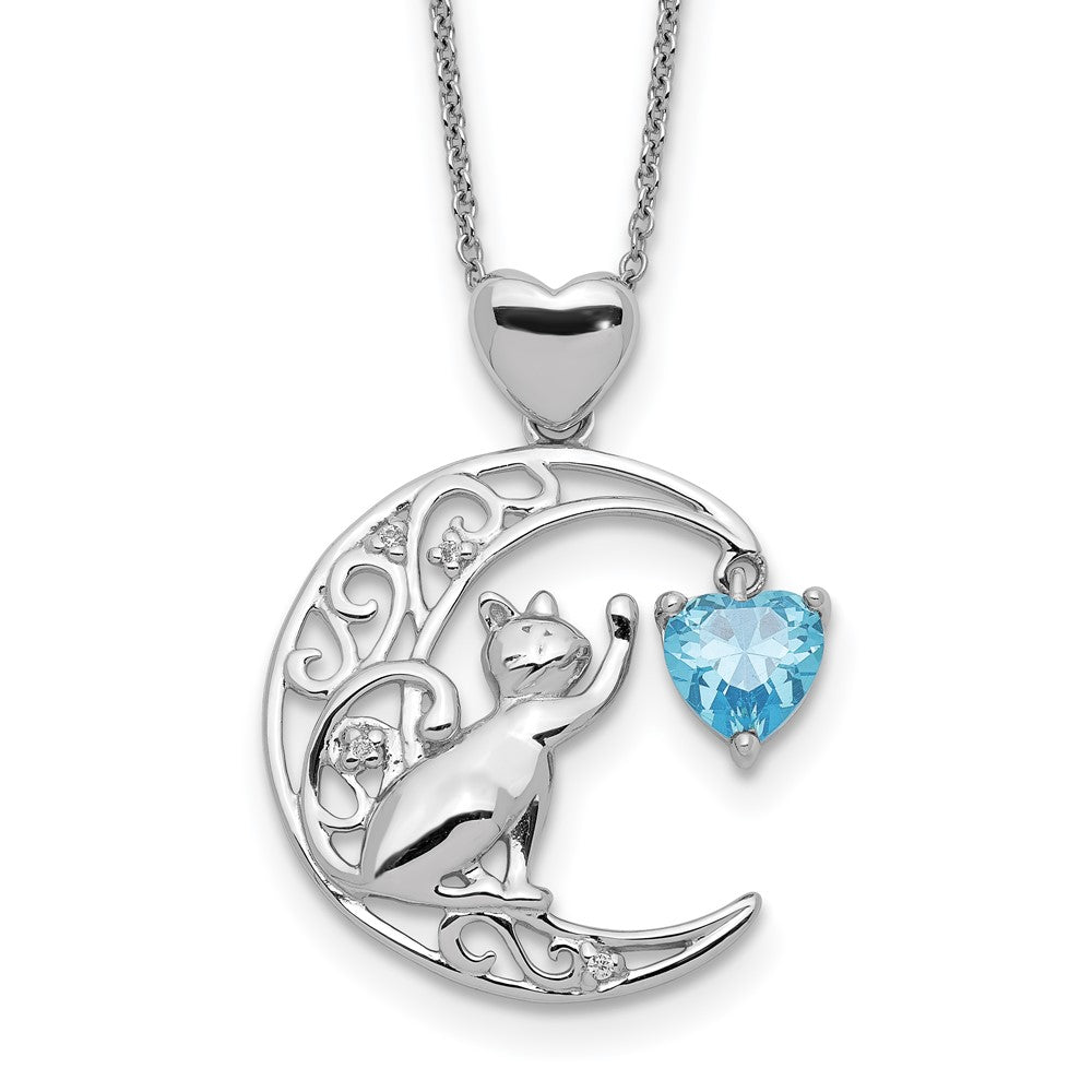 Sterling Silver Blue And Clear Cz Cat Moon Necklace
