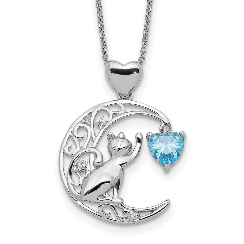 Sterling Silver Blue And Clear Cz Cat Moon Necklace