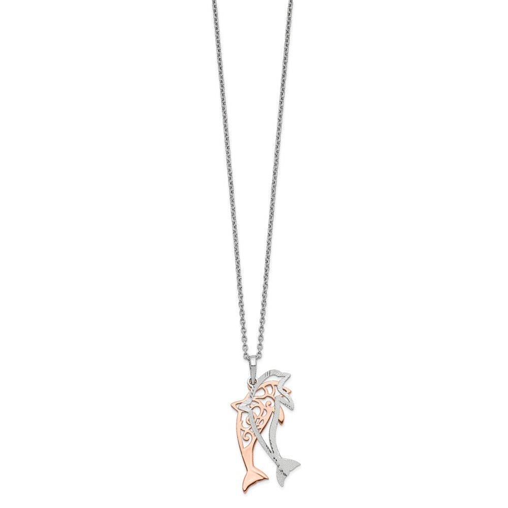 Sterling Silver Rose-Tone Diamond-Cut Dolphin W/ 2In Ext. Necklace