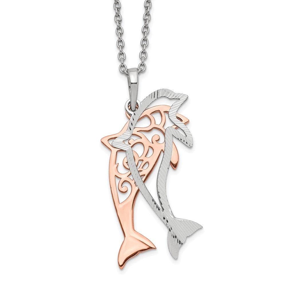 Sterling Silver Rose-Tone Diamond-Cut Dolphin W/ 2In Ext. Necklace