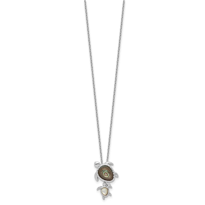 Sterling Silver Rhodium-Plated Polished Abalone And Mother Of Pearl Turtle 18 Inch Necklace