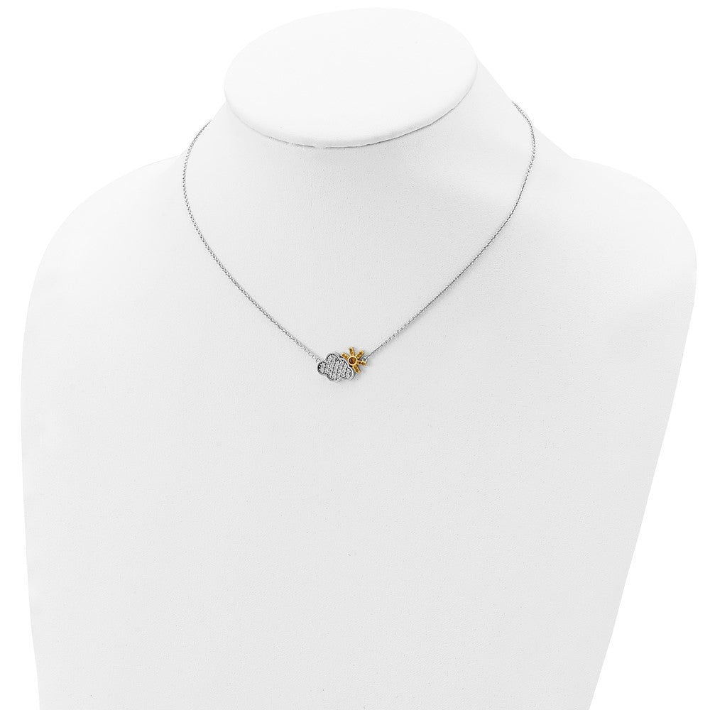 Sterling Silver Rh-Plated Gold-Tone Cz Cloud W/Sun 2In Ext Necklace