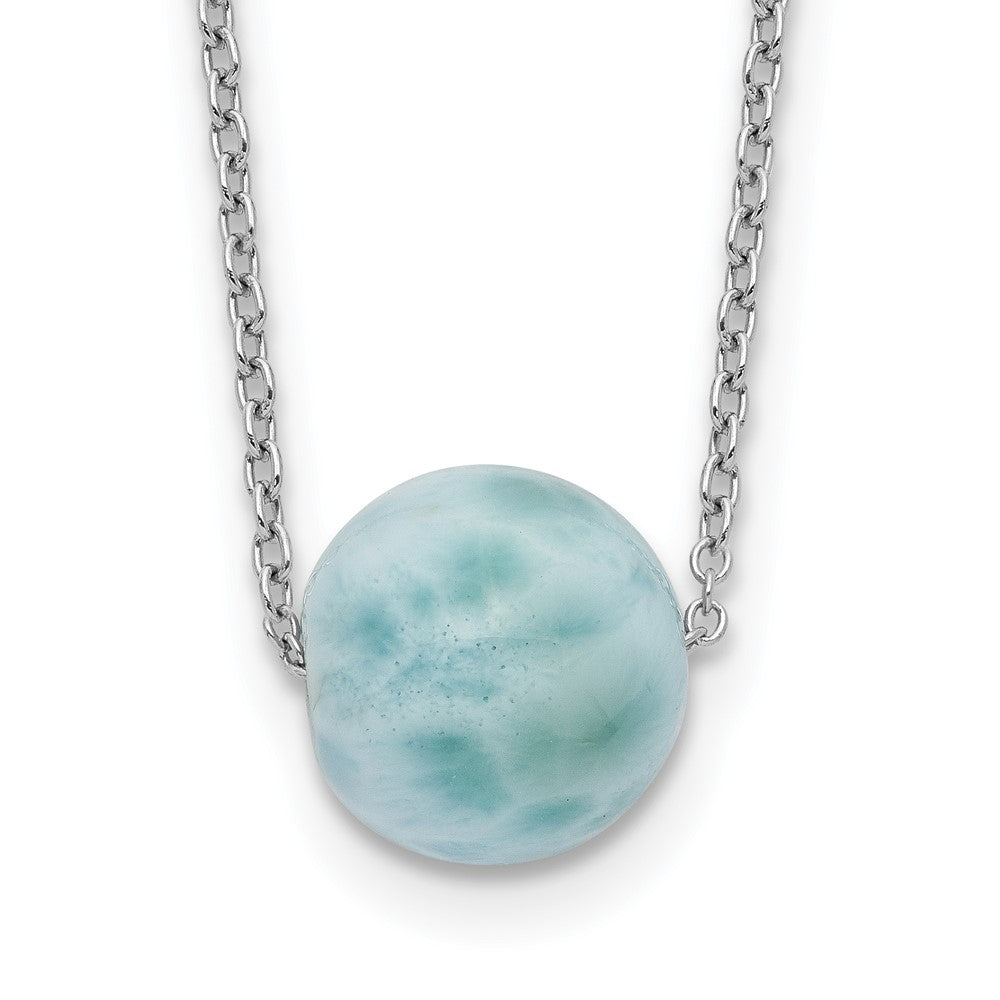 Sterling Silver Rhodium-Plated Larimar Bead W/ 2In Ext. Necklace