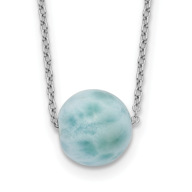 Sterling Silver Rhodium-Plated Larimar Bead W/ 2In Ext. Necklace