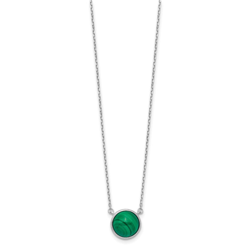 Sterling Silver Rhodium-Plated Round Malachite Cabochon Necklace