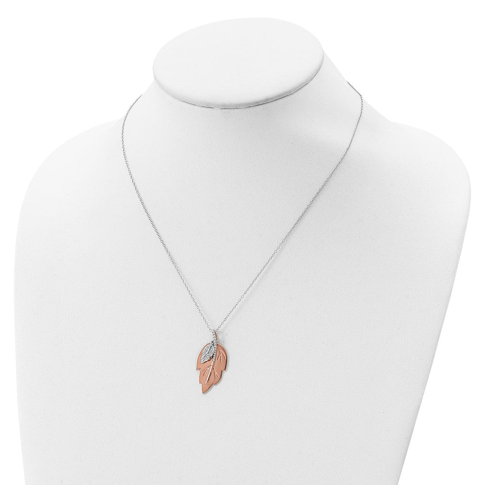 Sterling Silver Rose-Tone Cz Leaf W/ 2In Ext. Necklace
