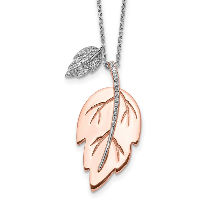 Sterling Silver Rose-Tone Cz Leaf W/ 2In Ext. Necklace