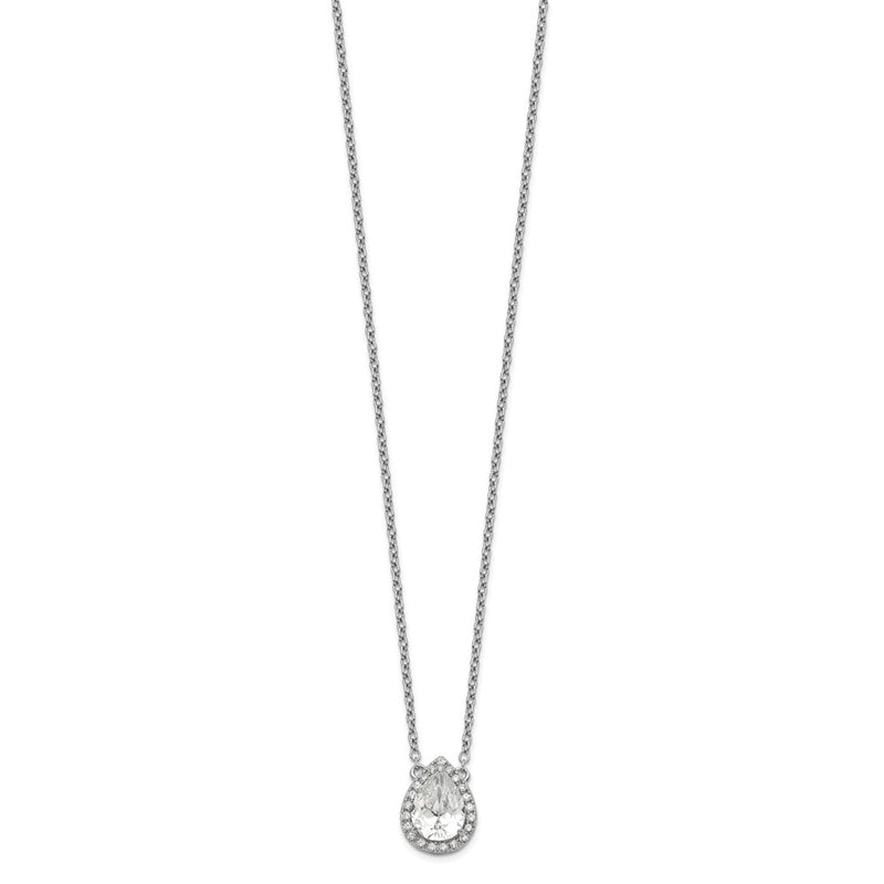 Sterling Silver Rhodium-Plated Pear Cz Halo W/1In Ext Necklace