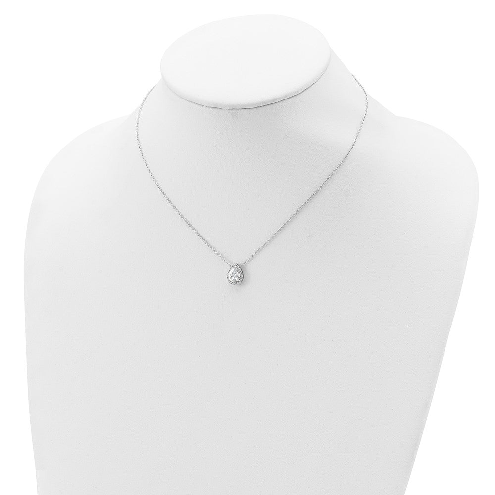 Sterling Silver Rhodium-Plated Pear Cz Halo W/1In Ext Necklace