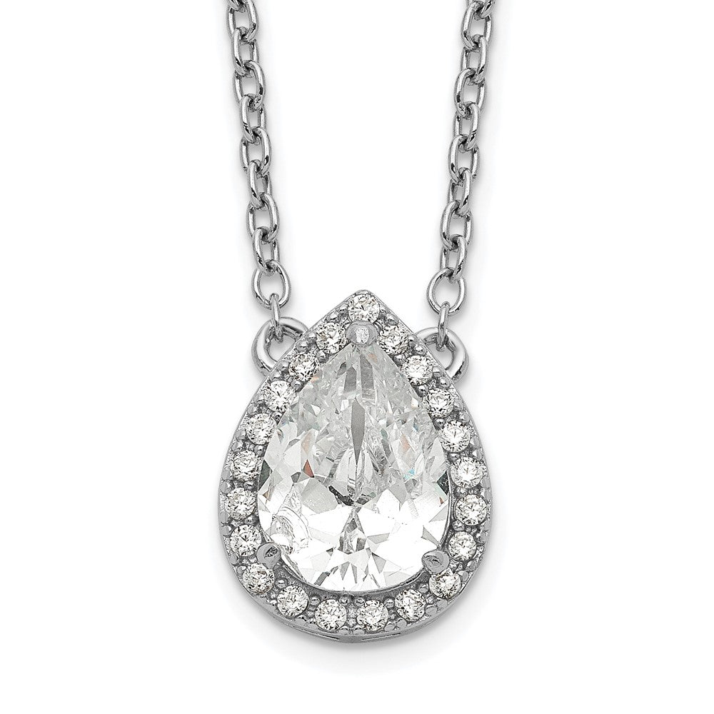 Sterling Silver Rhodium-Plated Pear Cz Halo W/1In Ext Necklace