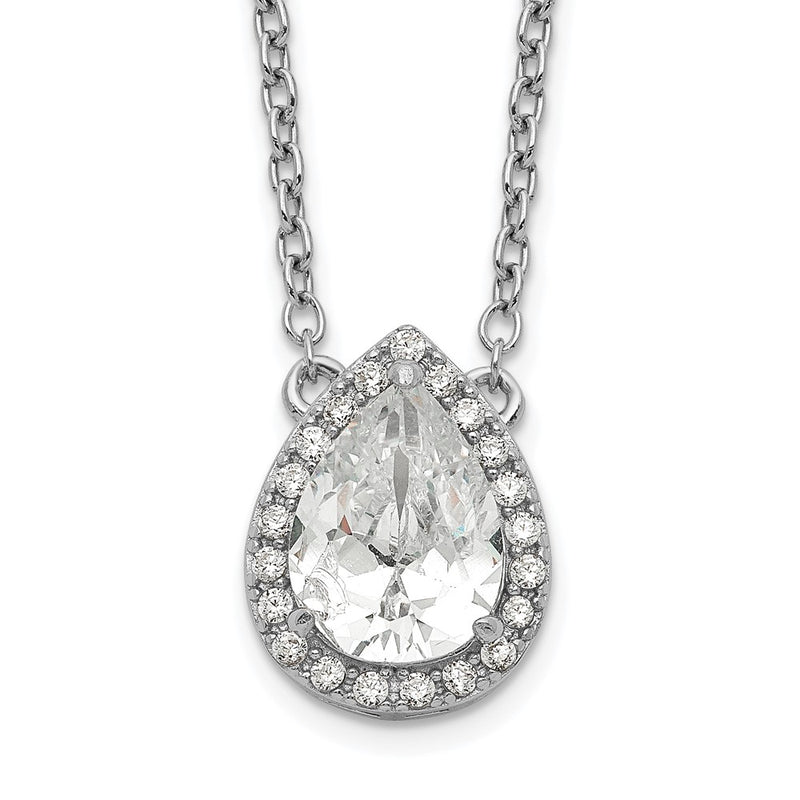 Sterling Silver Rhodium-Plated Pear Cz Halo W/1In Ext Necklace