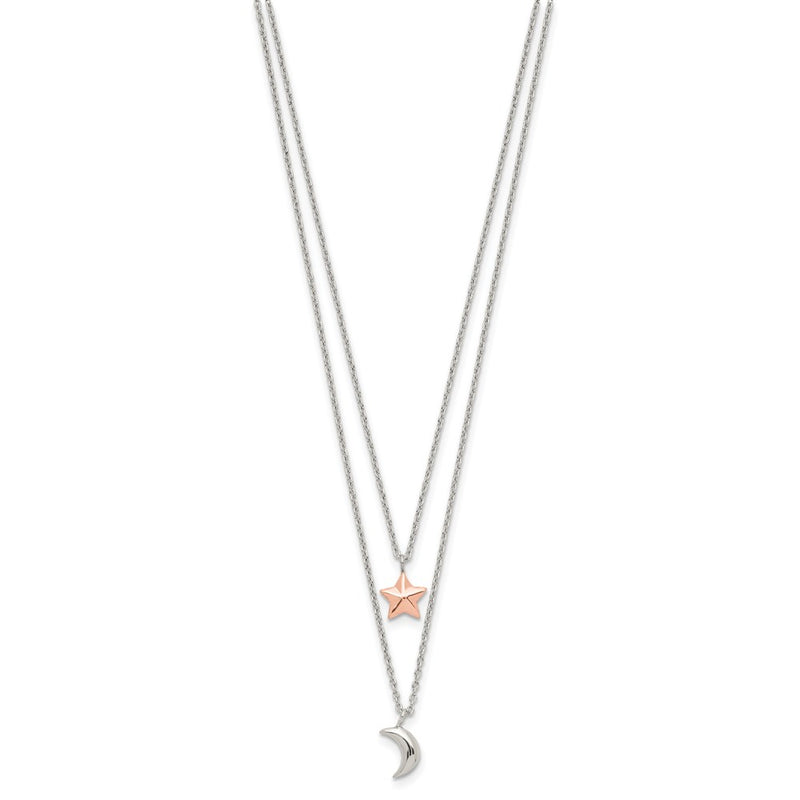 Sterling Silver Rose-Tone 2-Strand Moon And Star W/1In Ext Necklace