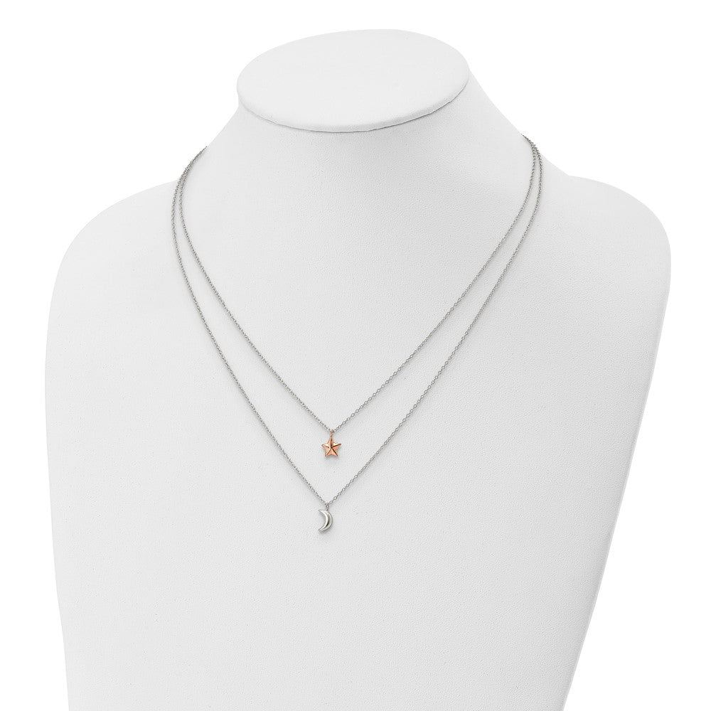 Sterling Silver Rose-Tone 2-Strand Moon And Star W/1In Ext Necklace