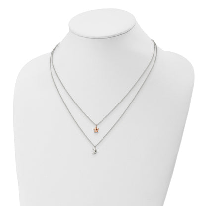 Sterling Silver Rose-Tone 2-Strand Moon And Star W/1In Ext Necklace