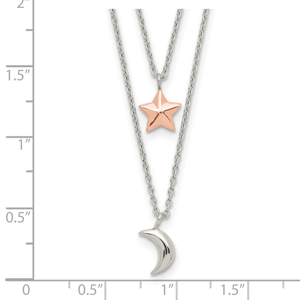 Sterling Silver Rose-Tone 2-Strand Moon And Star W/1In Ext Necklace