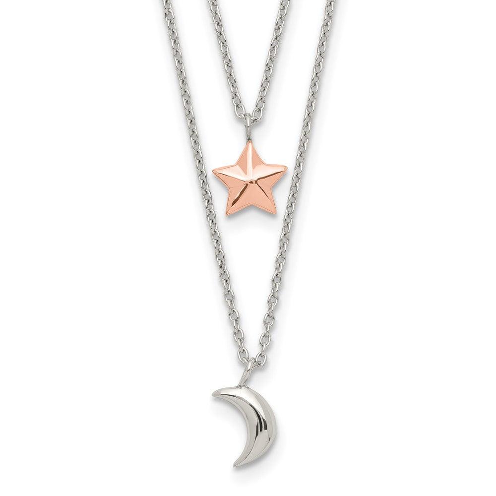 Sterling Silver Rose-Tone 2-Strand Moon And Star W/1In Ext Necklace