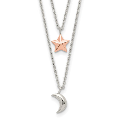 Sterling Silver Rose-Tone 2-Strand Moon And Star W/1In Ext Necklace