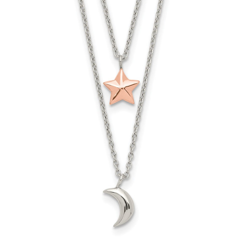 Sterling Silver Rose-Tone 2-Strand Moon And Star W/1In Ext Necklace