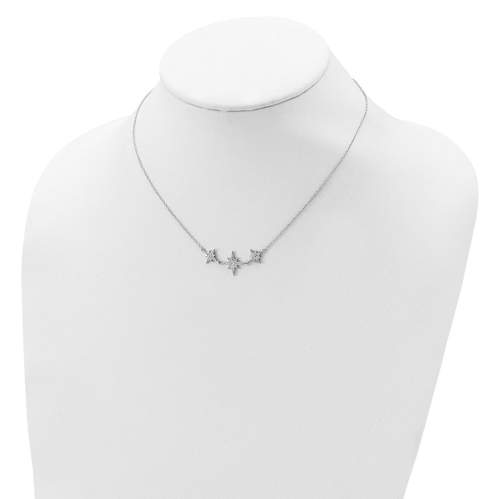 Sterling Silver Rhodium-Plated Cz 3-Stars W/2In Ext Necklace