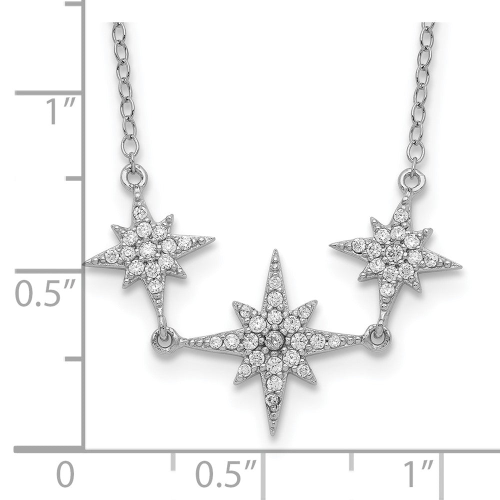 Sterling Silver Rhodium-Plated Cz 3-Stars W/2In Ext Necklace